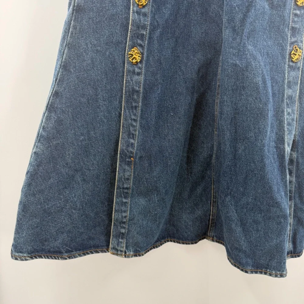 Urban Revivo Blue Denim Maxi Skirt Gold Ornate Button Front A-Line NWT Size US 2 - Picture 8 of 10